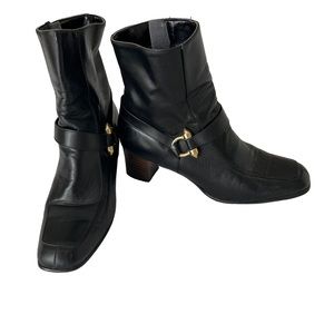 Selby Black Leather Heeled Boots with gold buckle and zipper on side. Si…